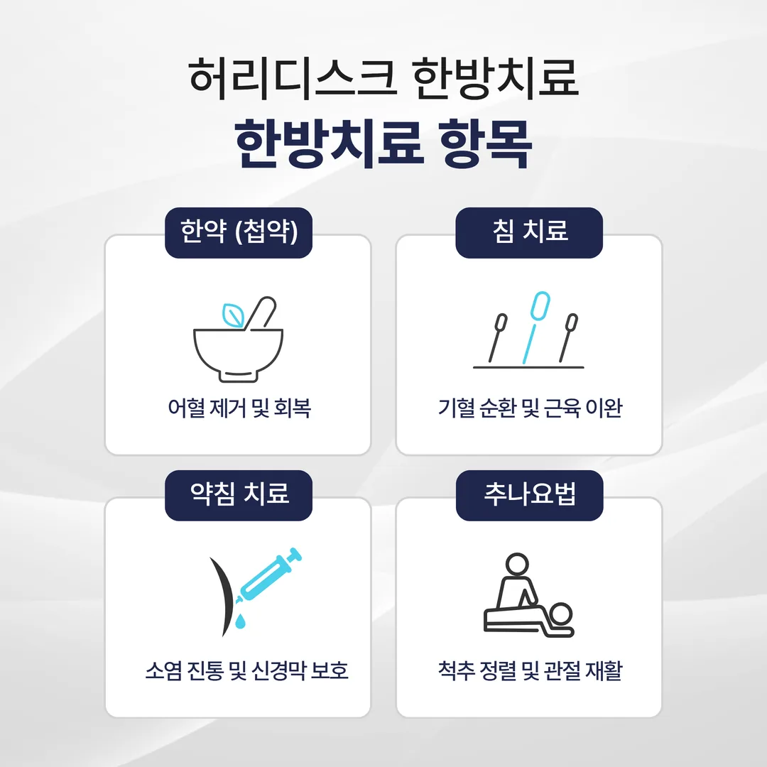 허리디스크 한방치료 추나 침 약침 한약 비교 인포그래픽