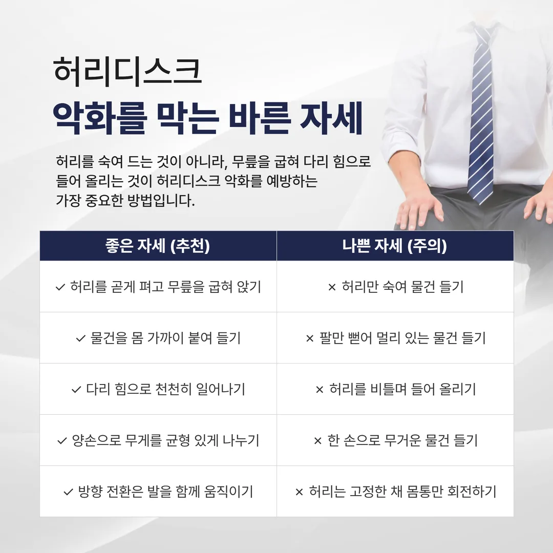 허리디스크 악화를 막는 바른 자세와 물건 드는 방법