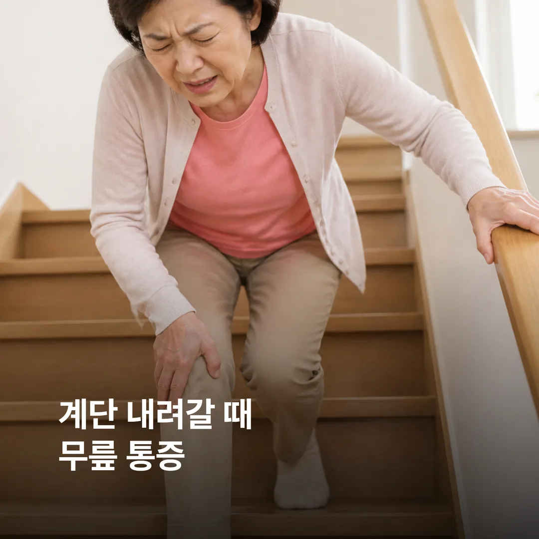 계단을 내려갈 때 무릎 통증을 느끼는 중년 여성
