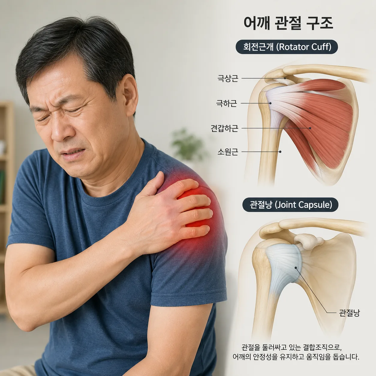 어깨 통증의 주요 원인 부위인 회전근개와 관절낭 구조