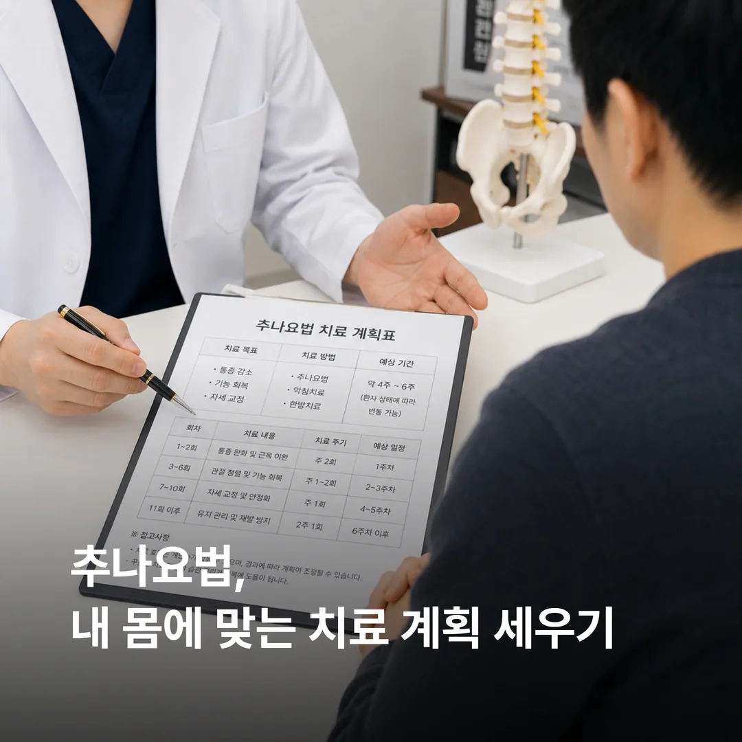 추나요법 치료 계획과 횟수를 상담하는 진료실 장면