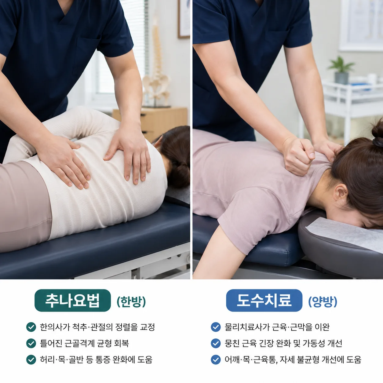 추나요법 도수치료 차이를 보여주는 시술 비교 장면