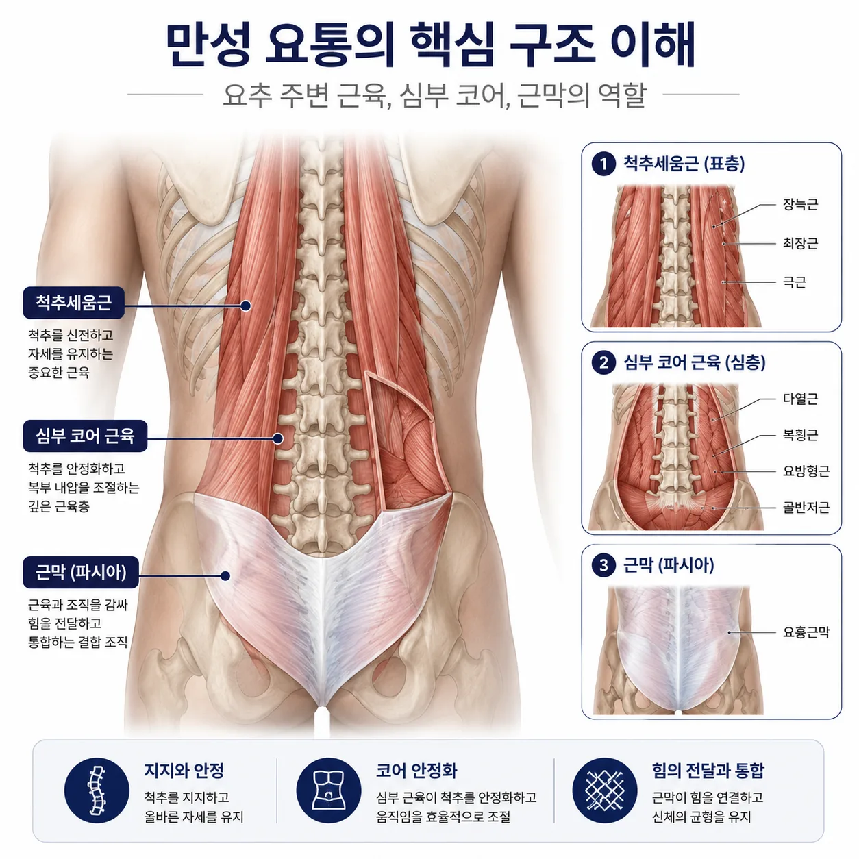 만성요통과 관련된 요추 심부 근육과 근막 구조 일러스트