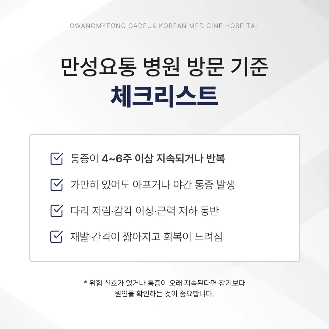 만성요통 병원 방문 기준 체크리스트 그래픽