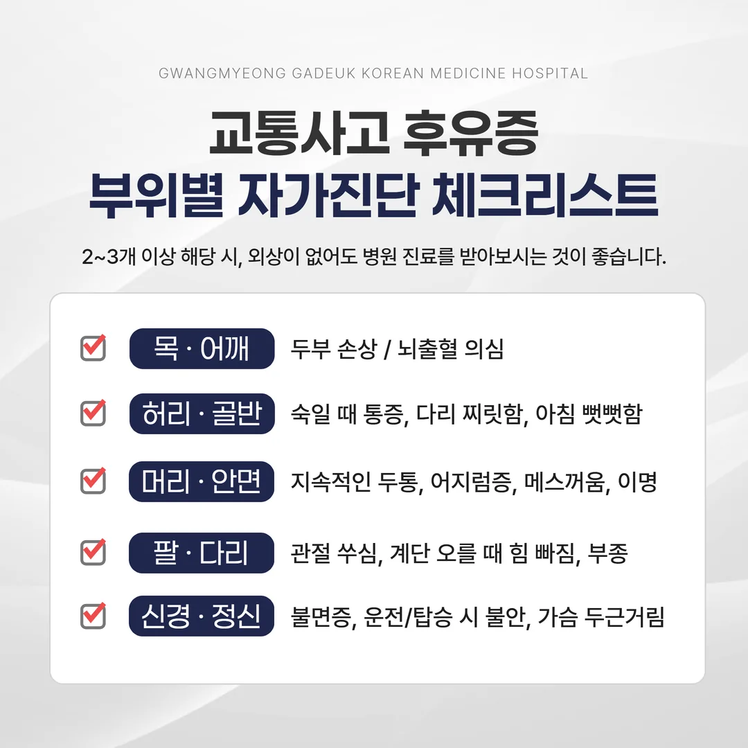 교통사고 후유증 부위별 자가진단 체크리스트 인포그래픽