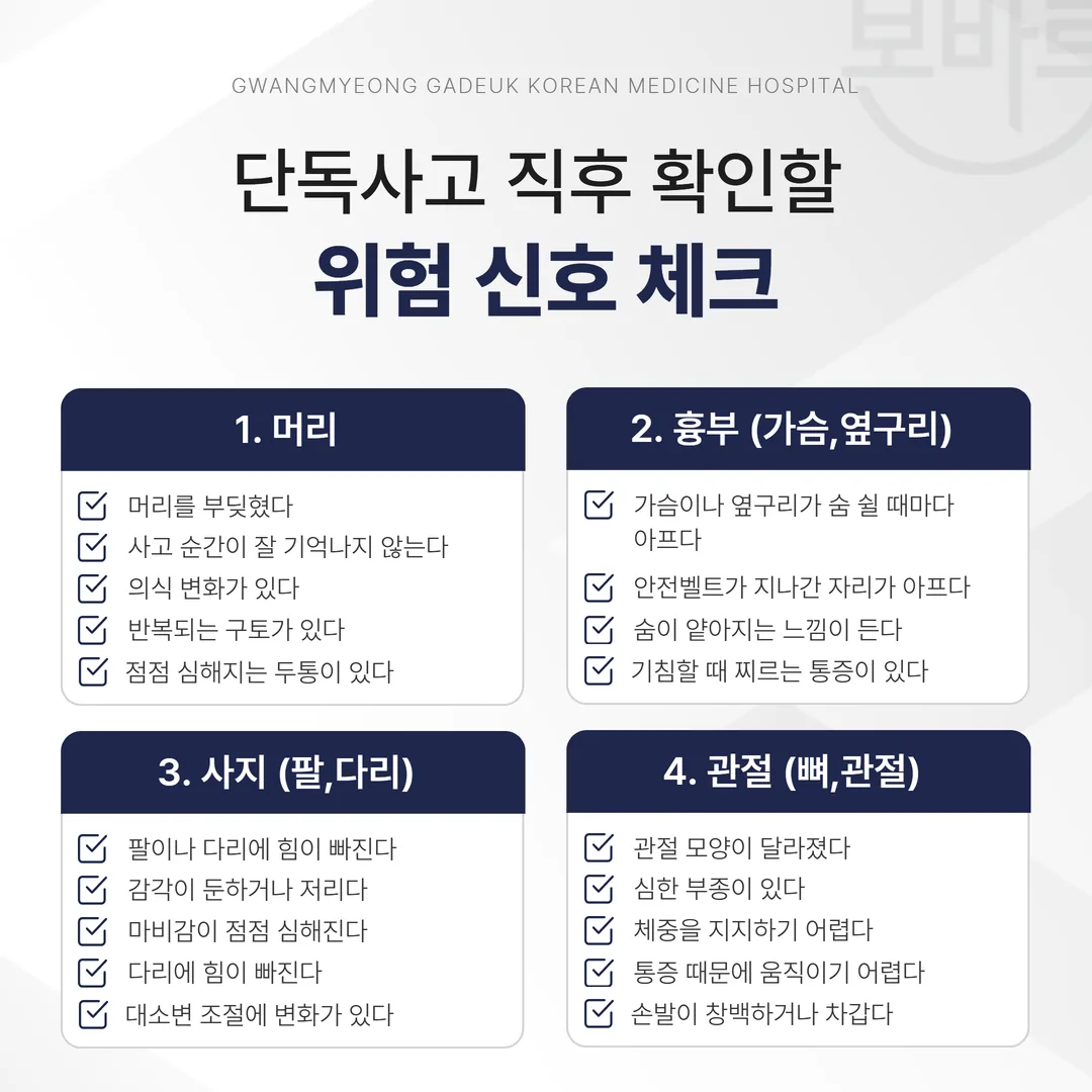 교통사고 직후 확인할 위험 신호를 부위별로 정리한 이미지