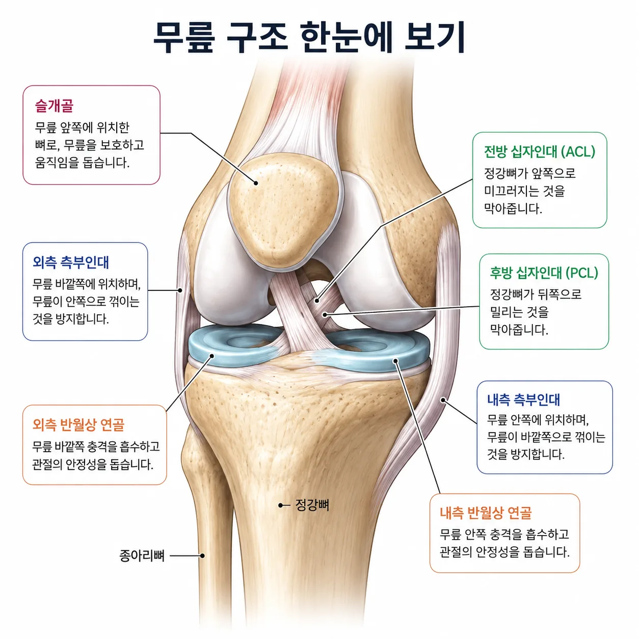 무릎 인대와 반월상 연골, 슬개골의 위치