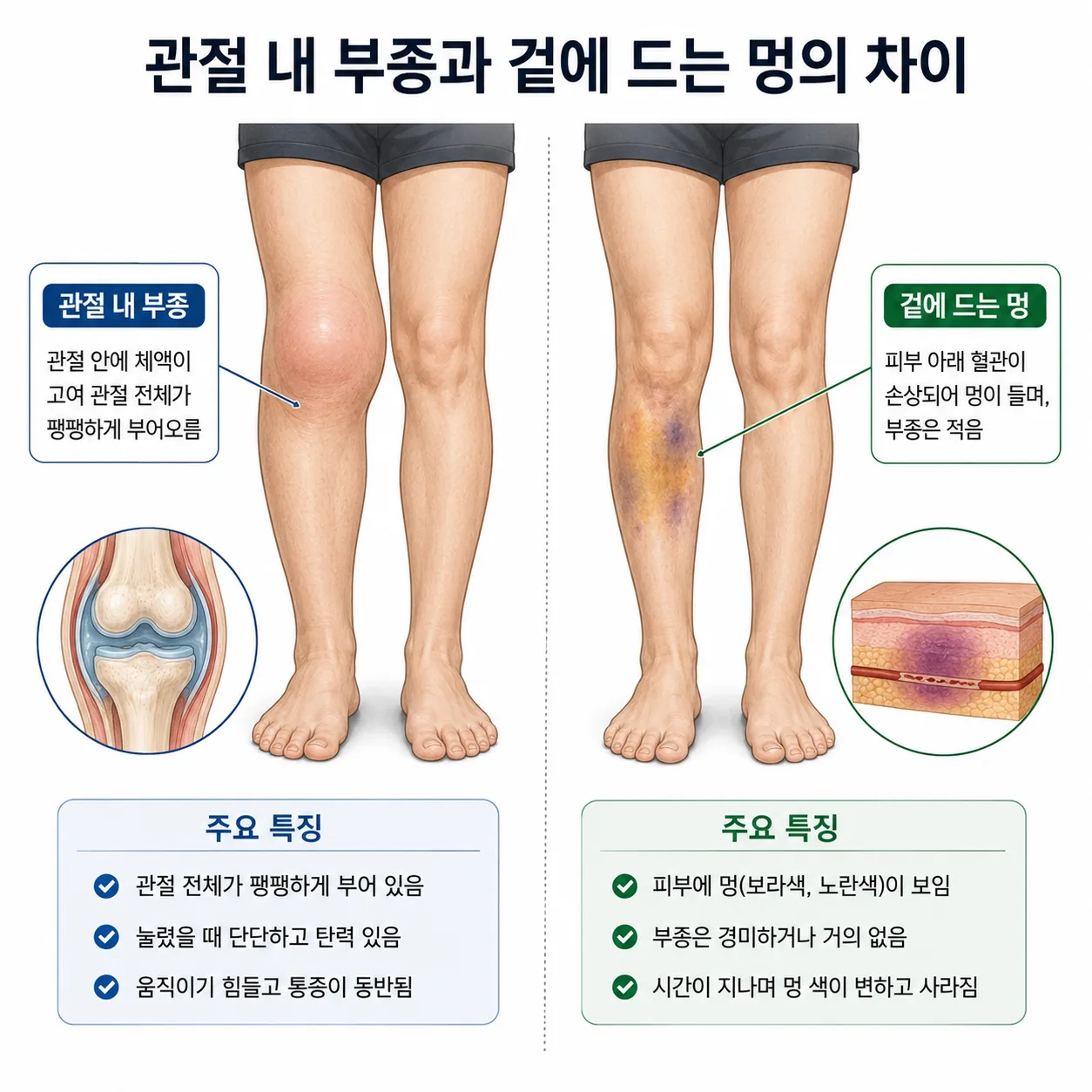 관절 내 부종과 겉에 드는 멍의 차이