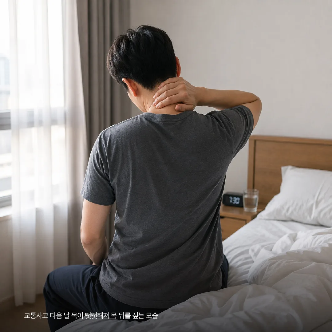 교통사고 다음 날 목이 뻣뻣해져 목 뒤를 짚는 모습