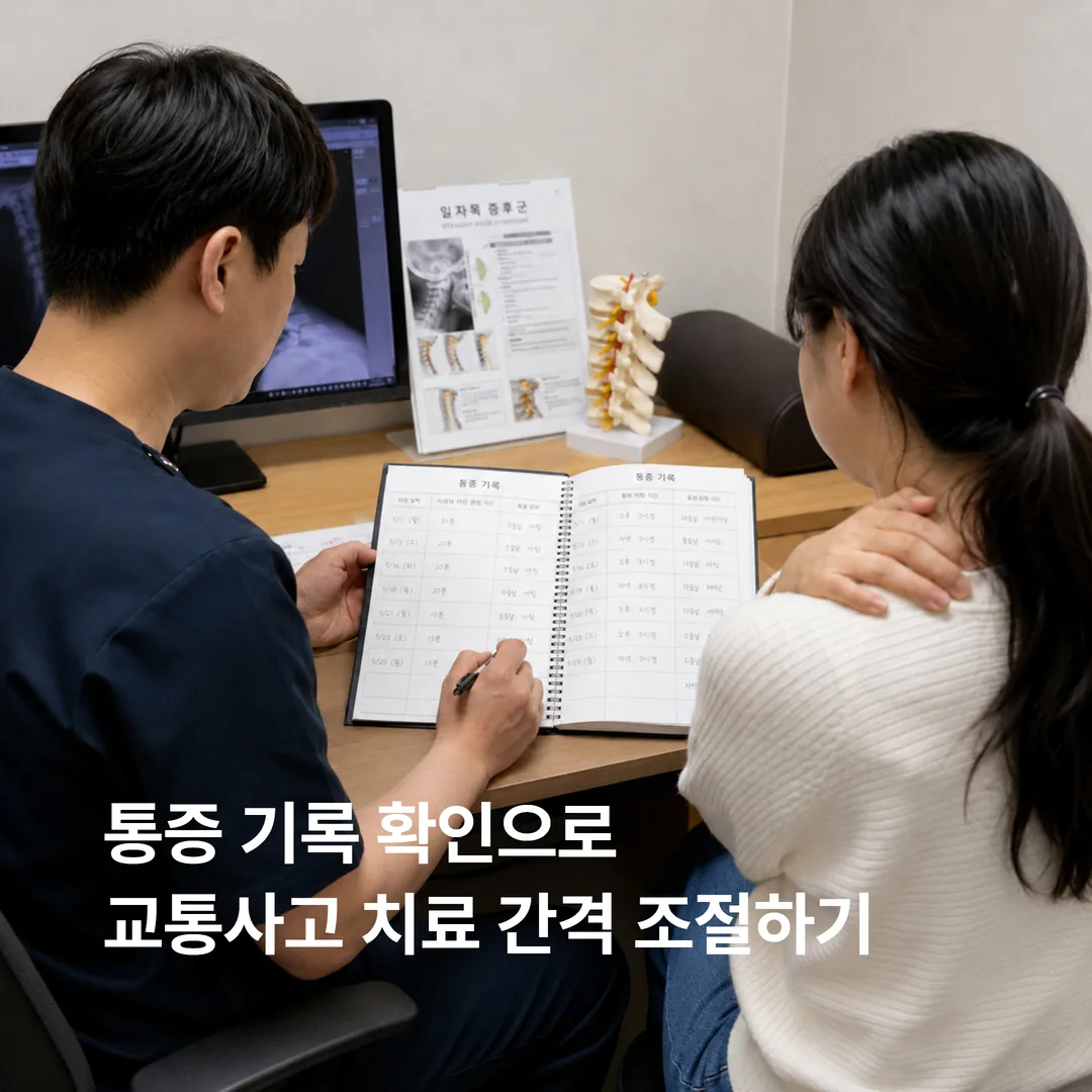 교통사고 치료 간격을 상담하며 통증 기록을 확인하는 모습