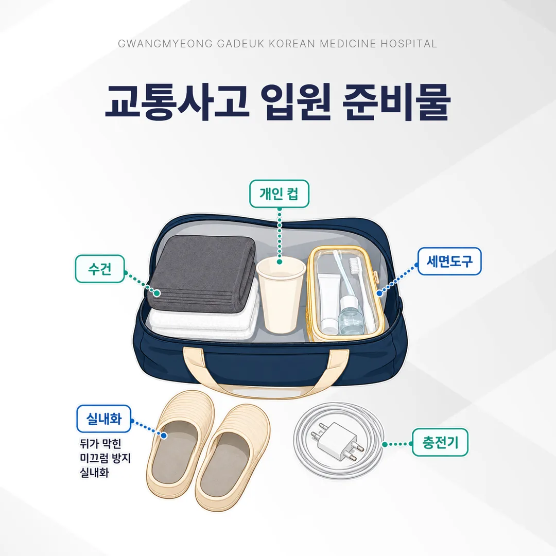 교통사고 입원 준비물로 챙긴 실내화와 세면도구, 충전기