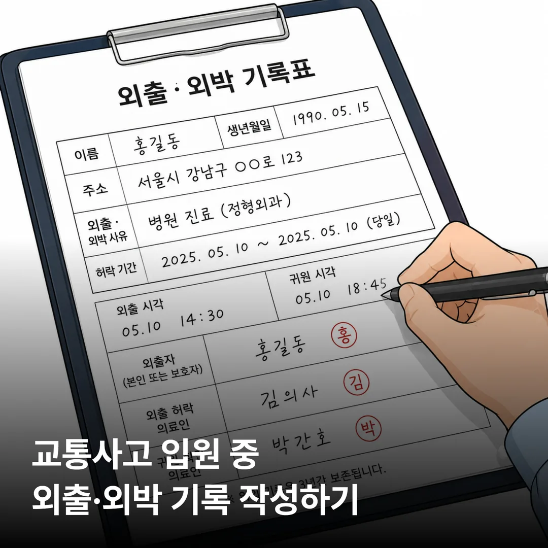 교통사고 입원환자 외출 외박 기록표에 사유와 귀원 시각을 적는 모습