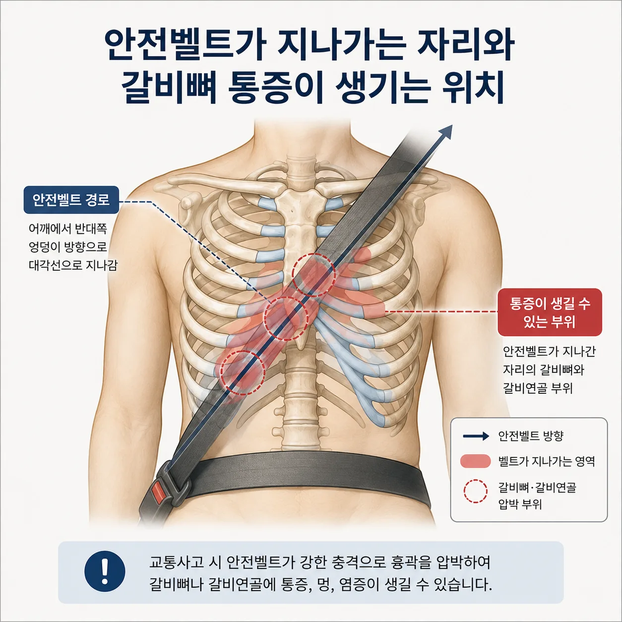 안전벨트가 지나간 자리와 사고 후 갈비뼈 통증이 생기는 위치를 표시한 흉곽 그림