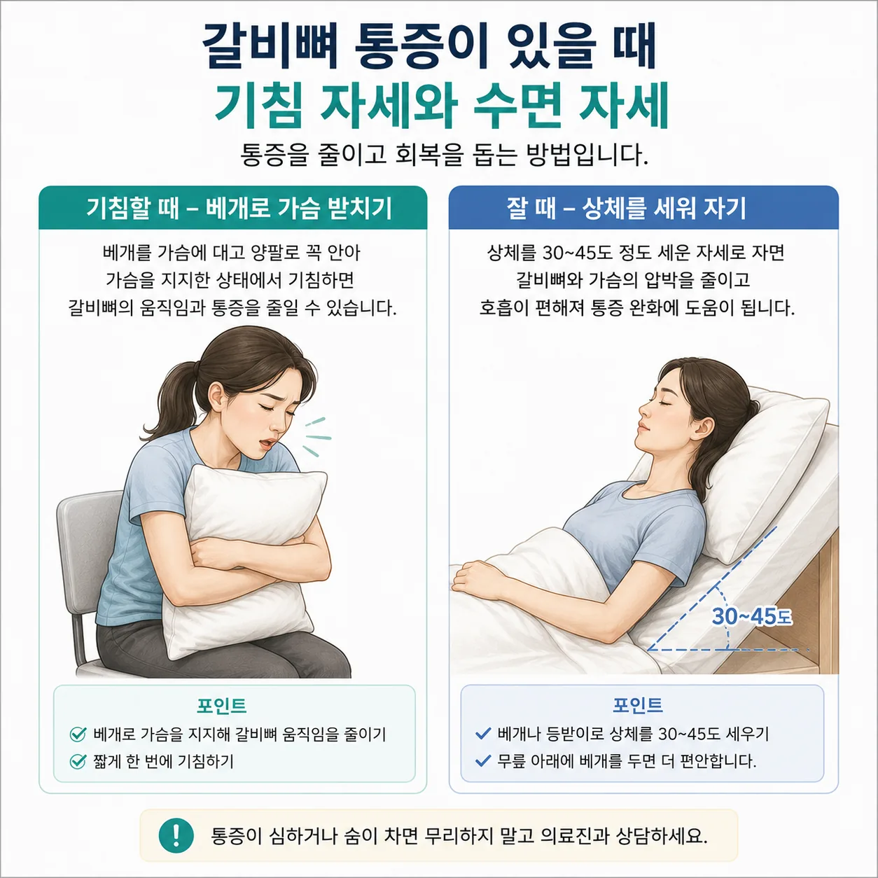 갈비뼈 통증이 있을 때 기침 시 베개로 가슴을 받치는 자세와 상체를 세워 자는 자세
