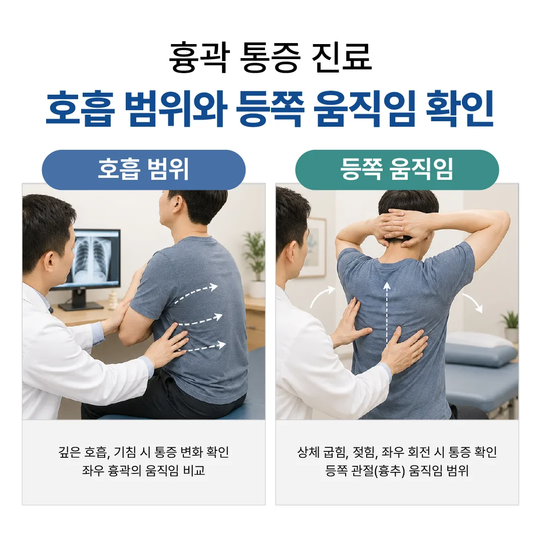 흉곽 통증 진료에서 호흡 범위와 등쪽 관절 움직임을 확인하는 장면