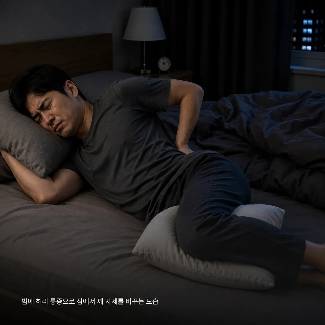 밤에 허리 통증으로 잠에서 깨 자세를 바꾸는 모습