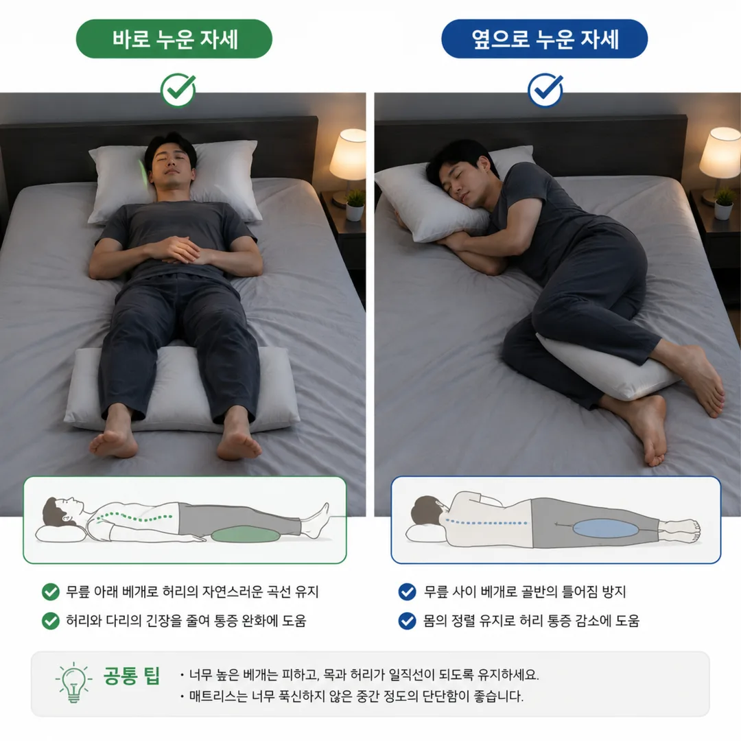 허리 부담을 줄이는 수면 자세와 베개 위치 비교