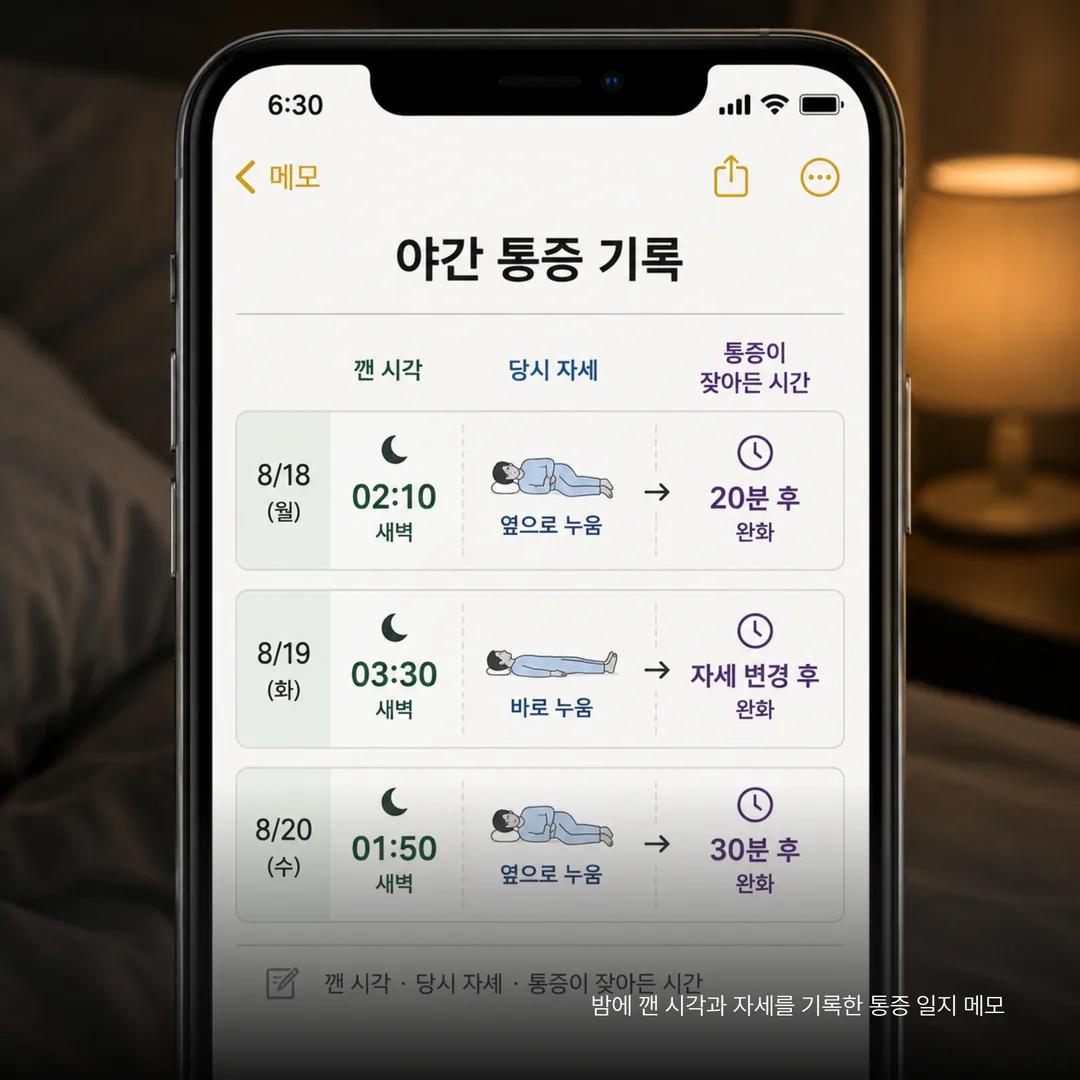 밤에 깬 시각과 자세를 기록한 통증 일지 메모