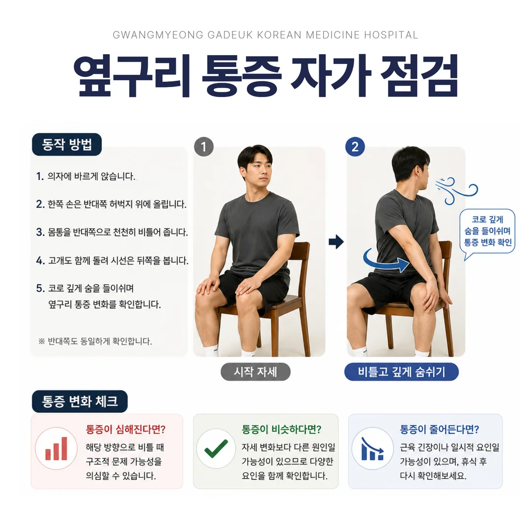 자세 변화에 따른 옆구리 통증 자가 점검 동작