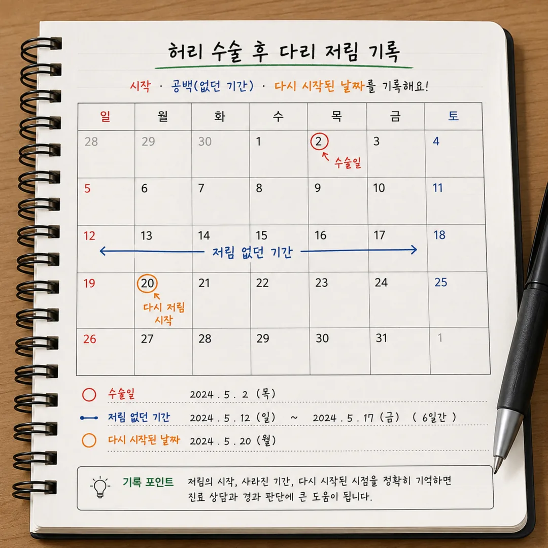허리 수술 후 다리 저림의 시작·공백·재출현 시점을 달력에 기록한 모습