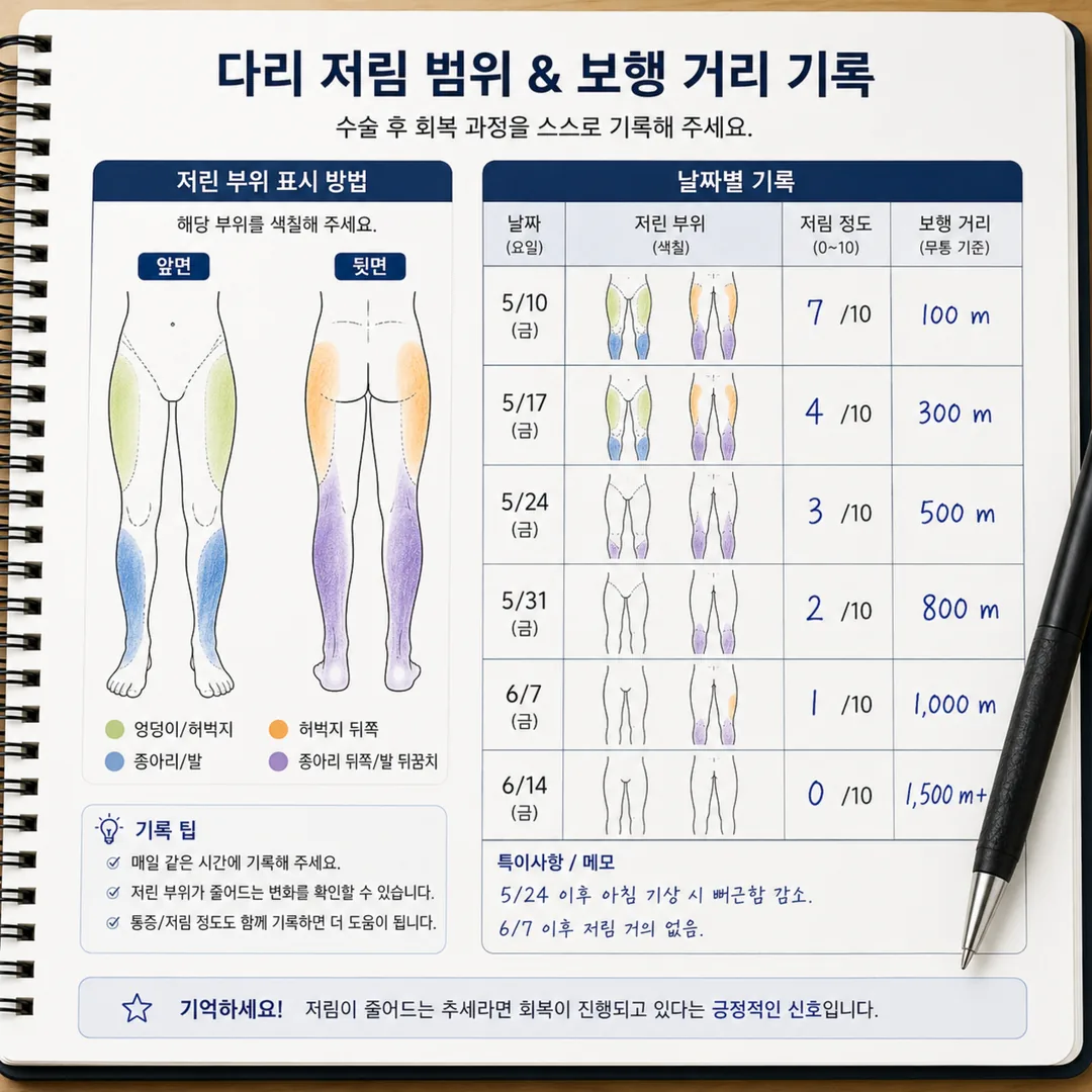 수술 후 다리 저림 범위와 보행 거리를 날짜별로 적어 둔 기록지