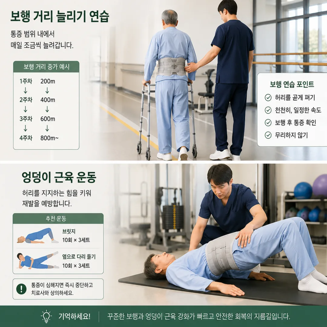 허리 수술 후 회복기 보행 훈련과 둔부 근력 운동 지도 장면