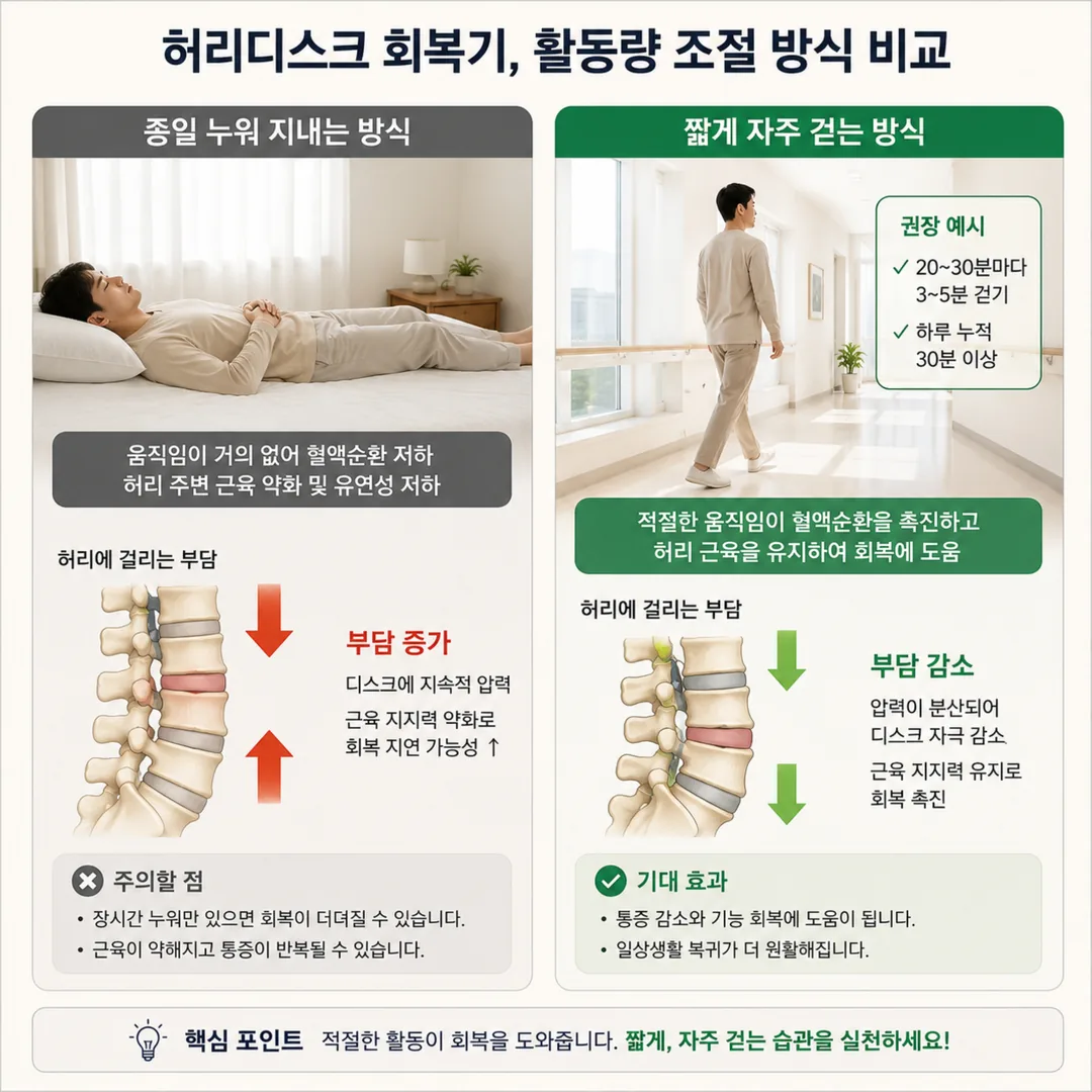 허리디스크 회복기 활동량 조절 방식을 비교한 그림