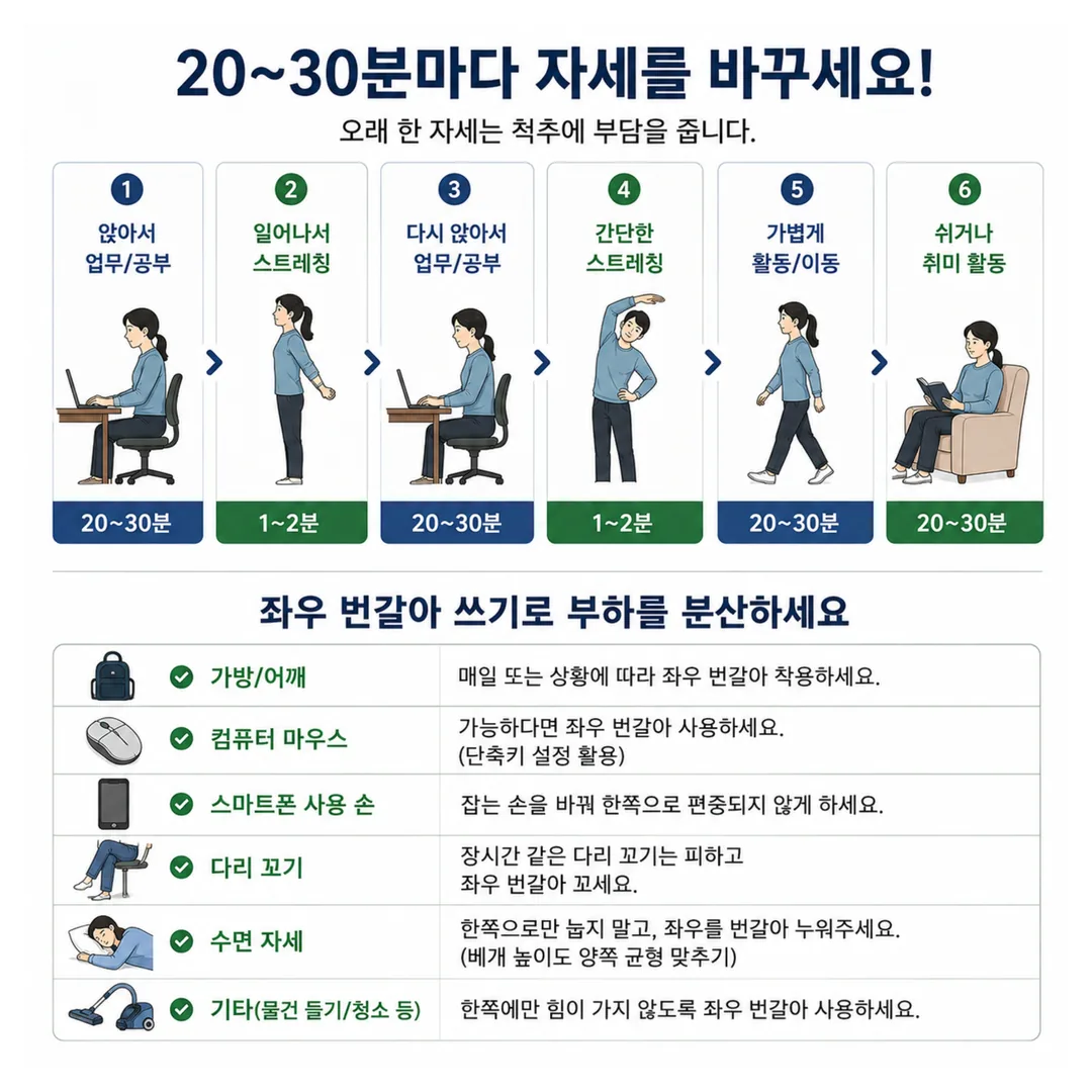 성인 척추측만 자세 관리와 부하 분산 생활 수칙 일러스트