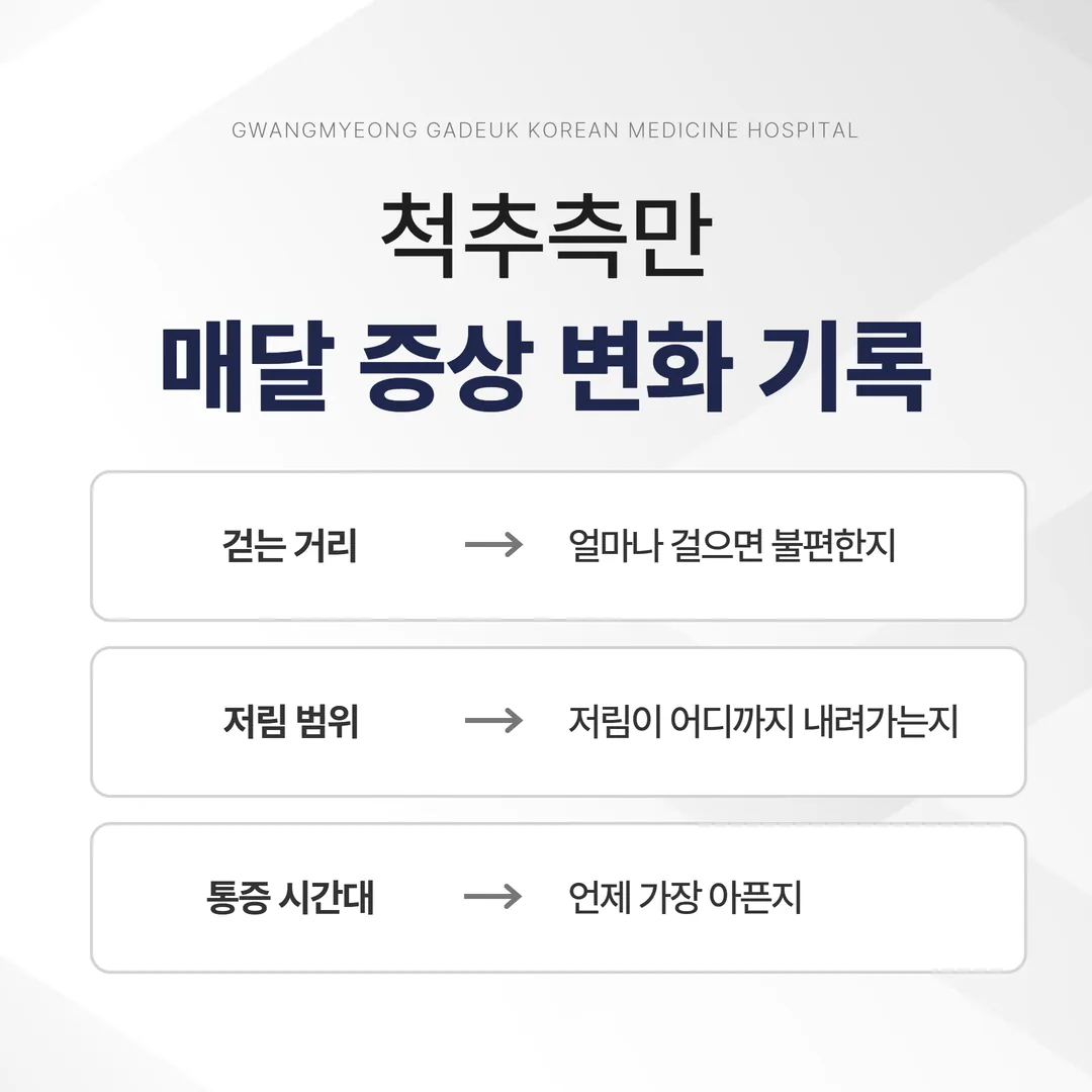 성인 척추측만 진행 관찰을 위한 월간 증상 기록표 예시
