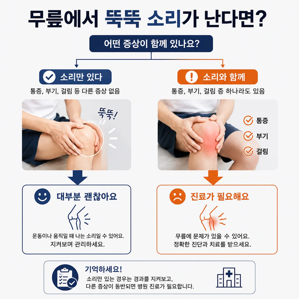 무릎 소리 동반 증상에 따른 두 갈래 판단 흐름도