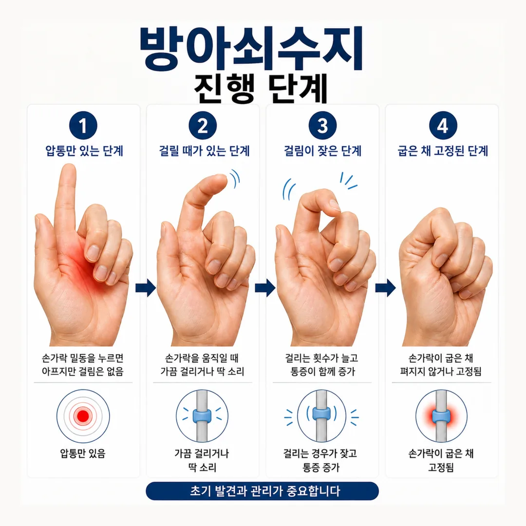 방아쇠수지 걸림 단계를 네 단계로 나눈 진행 도해