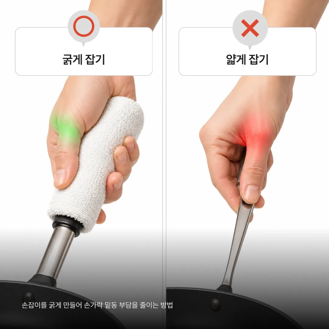 손잡이를 굵게 만들어 손가락 밑동 부담을 줄이는 방법 비교