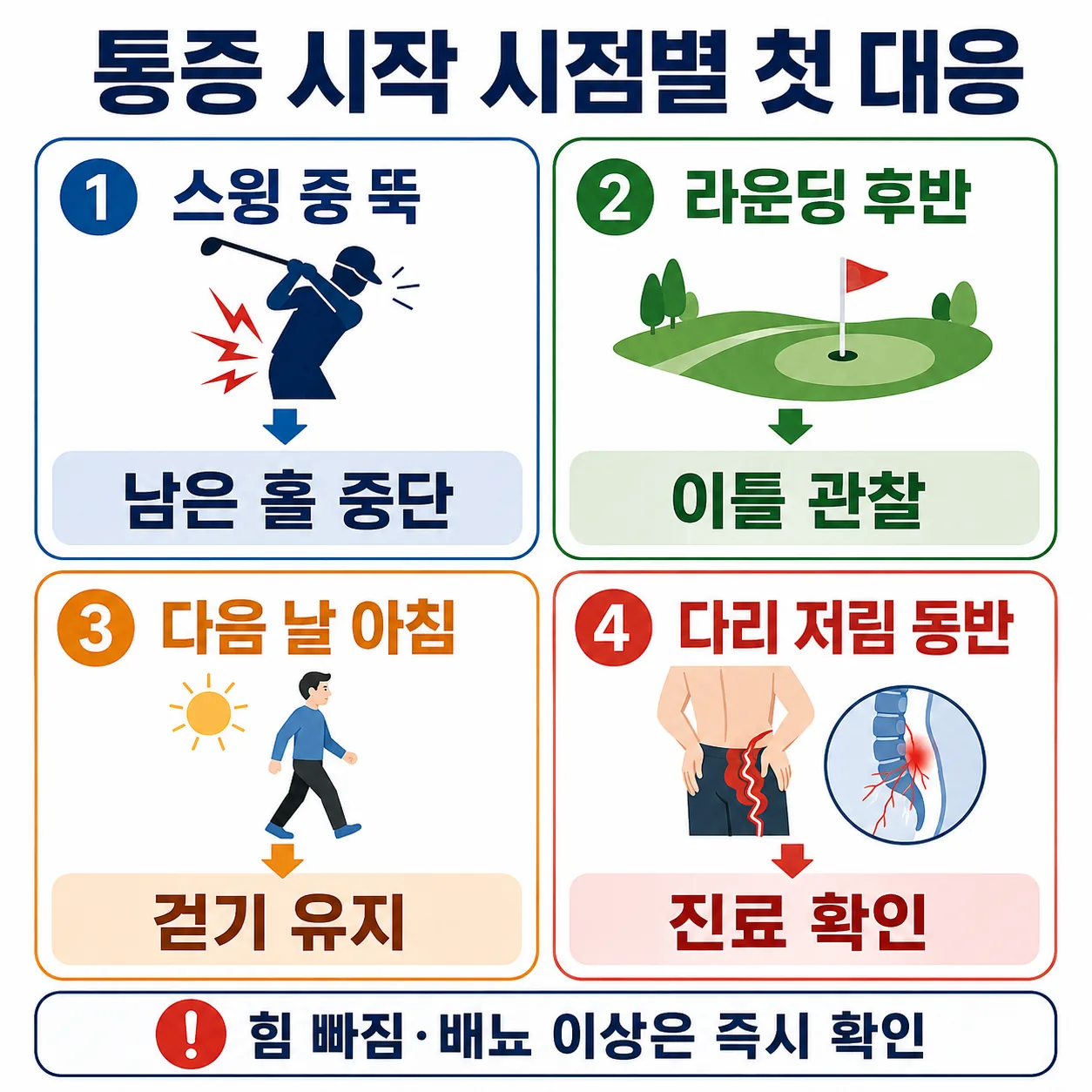 골프 요통 시작 시점별 첫 대응 흐름도