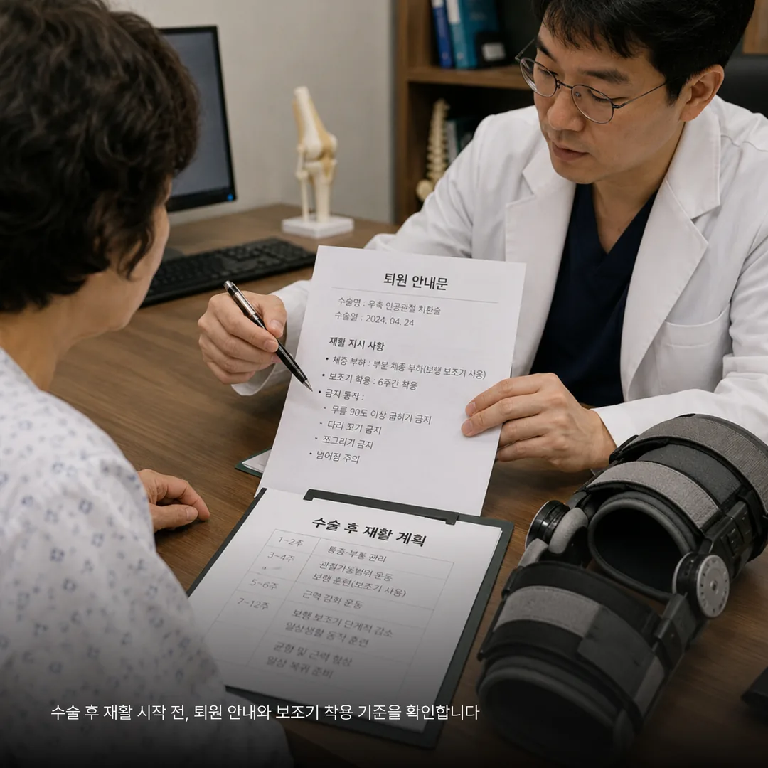 수술 후 재활 시작 시점을 집도 의료기관 지시에 맞춰 상의하는 모습