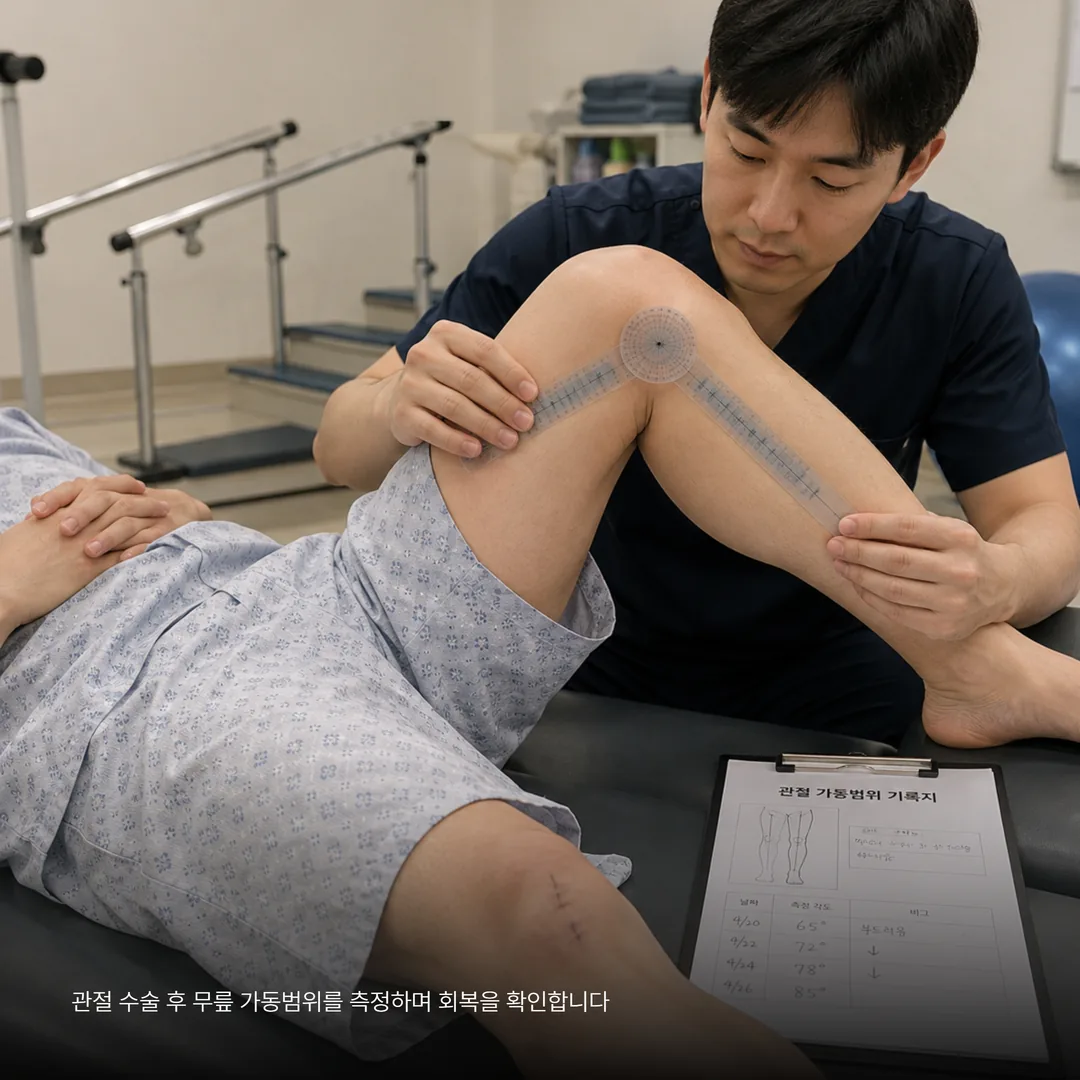 관절 수술 후 가동범위를 측정해 기록하는 재활 치료 장면
