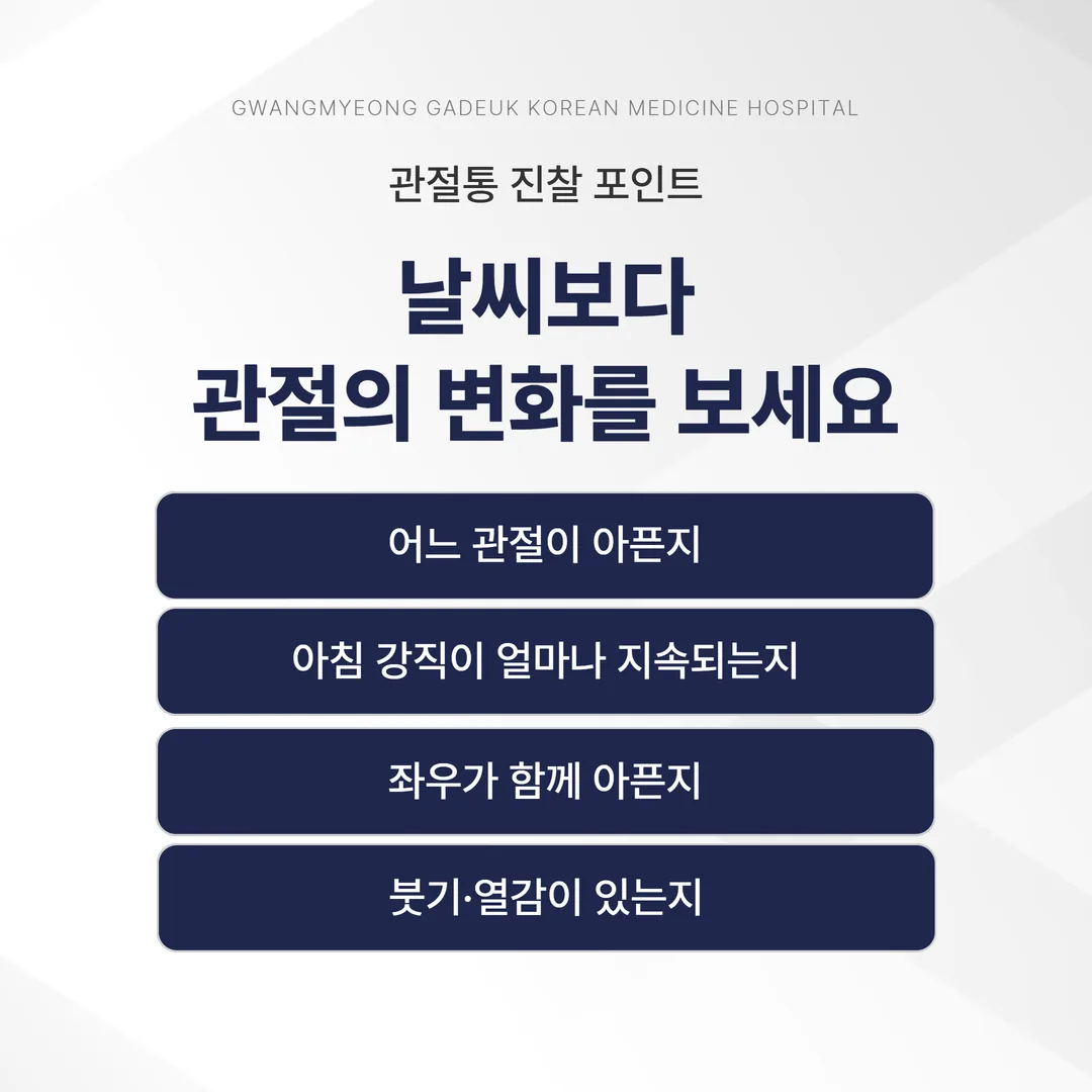 환절기 관절 통증 진찰에서 확인하는 네 가지 관찰 항목 흐름도