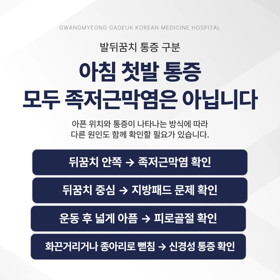 아침 첫발 발뒤꿈치 통증의 다섯 갈래 감별 분기도