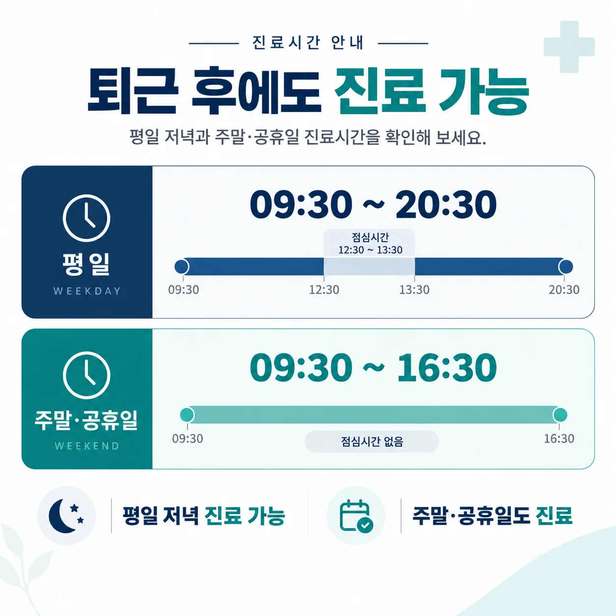 평일과 주말의 진료 가능 시간대를 하루 시간 띠에 표시한 도표