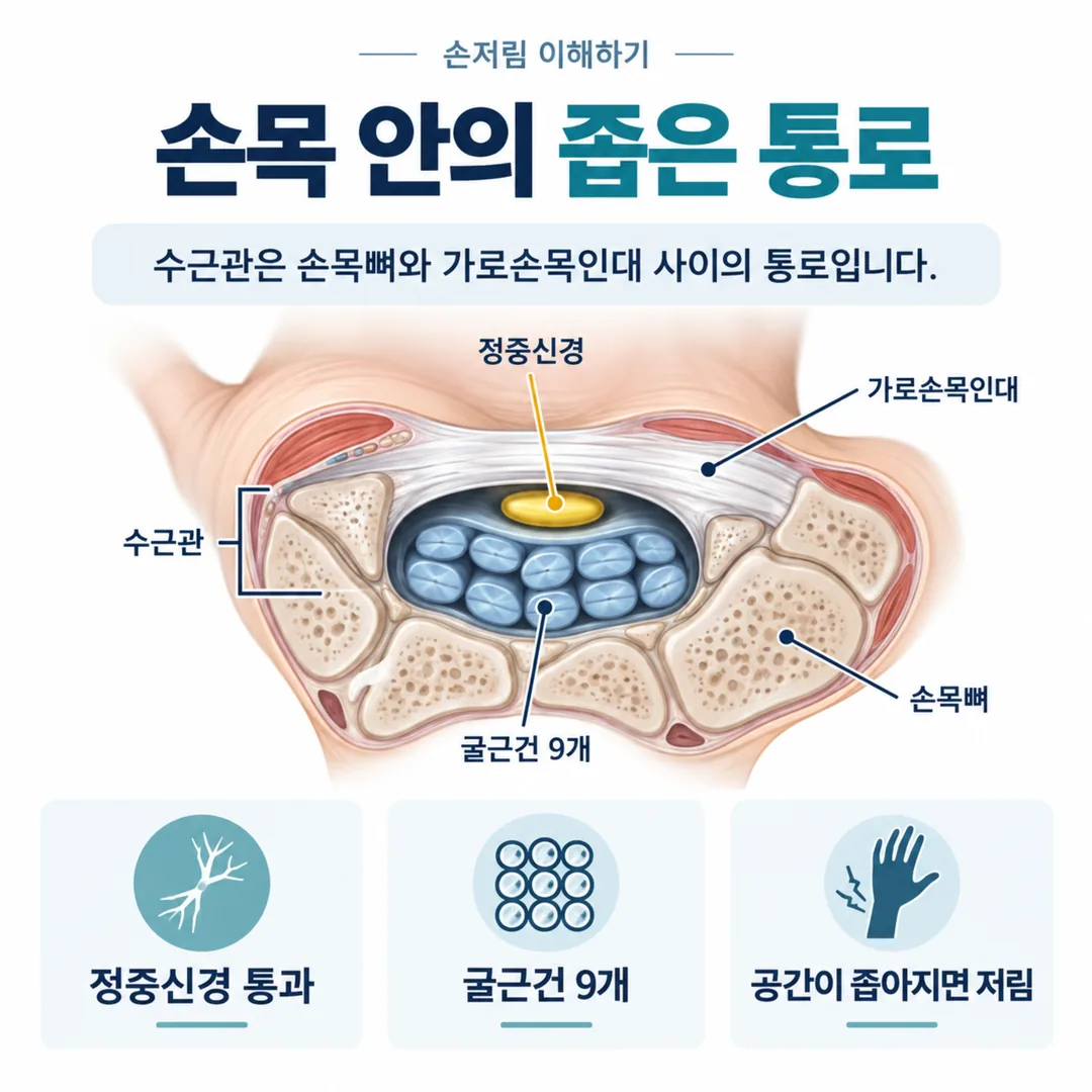 수근관 안을 지나는 정중신경과 힘줄의 위치를 나타낸 손목 단면 개념도