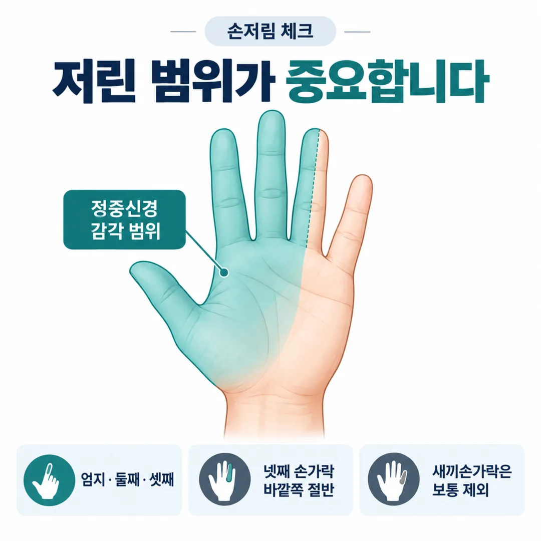 정중신경이 감각을 맡는 손가락 범위를 색으로 표시한 손바닥 그림
