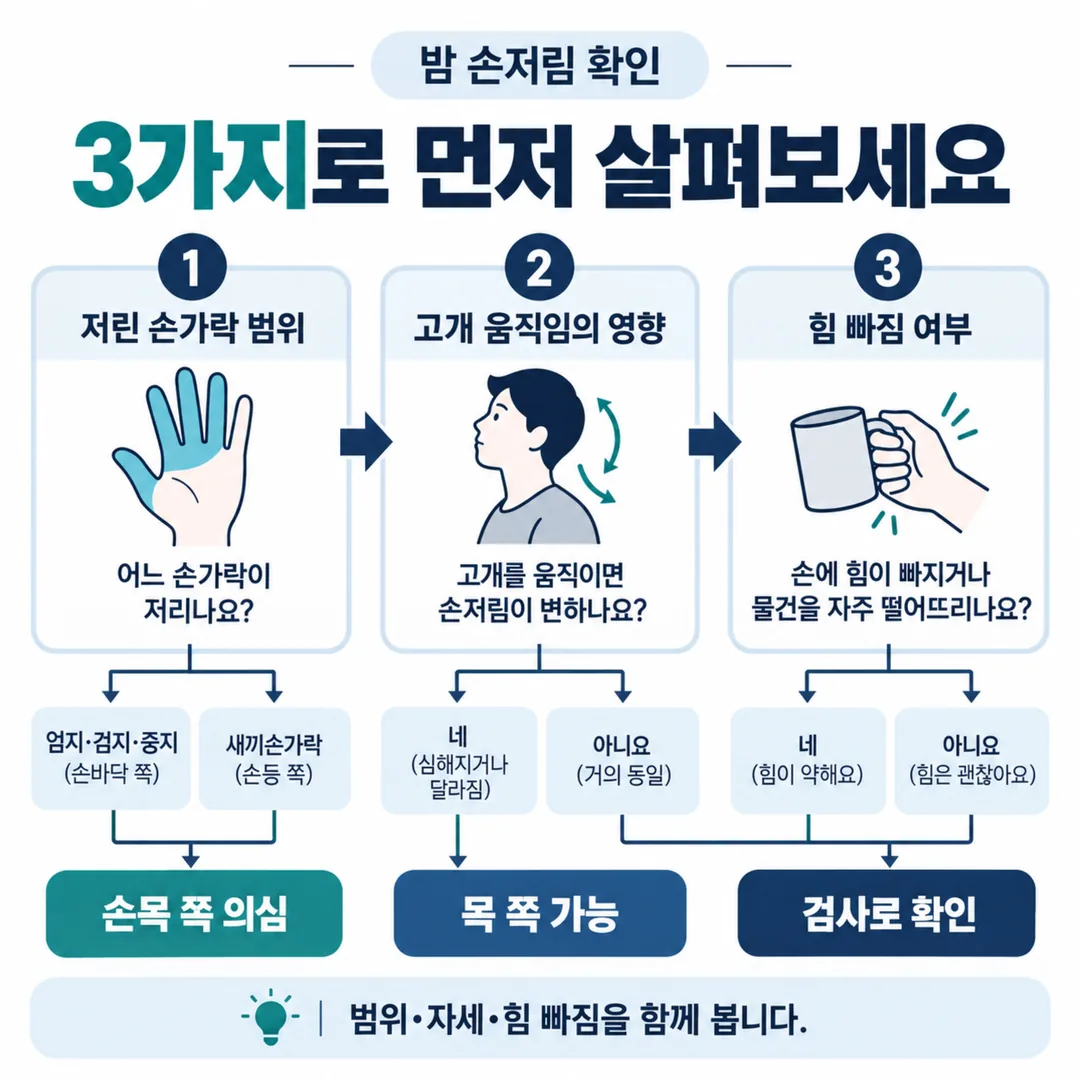 밤 손저림을 확인하는 순서를 세 갈림으로 정리한 흐름도
