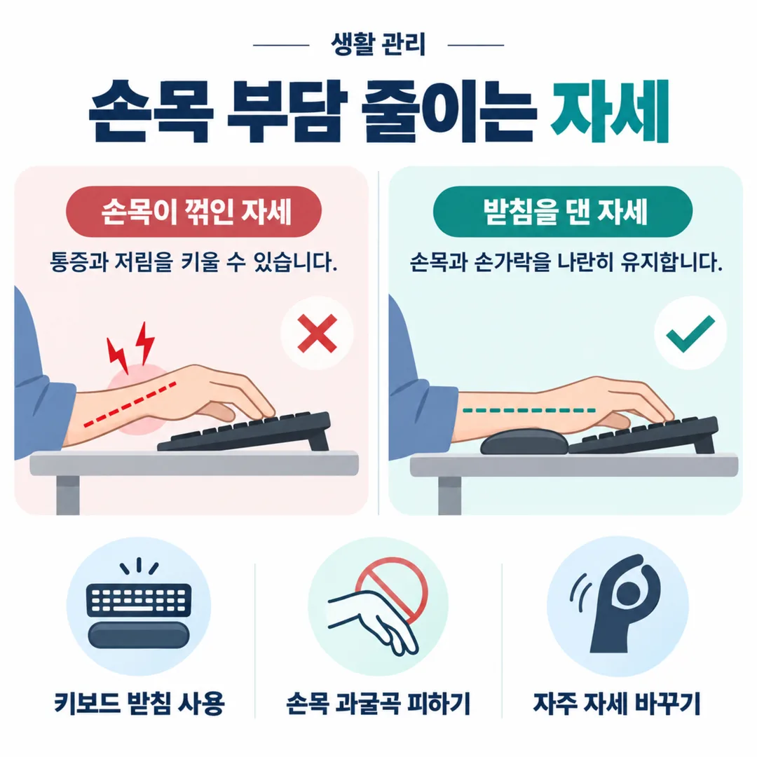 손목이 꺾인 자세와 받침을 대어 손목을 나란히 둔 자세를 비교한 그림