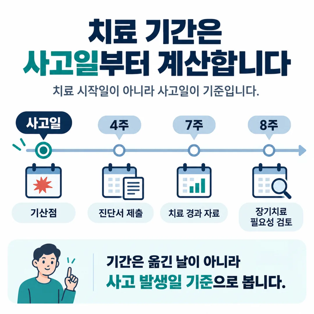 교통사고 발생일을 기준으로 4주·7주·8주 시점을 표시한 경상환자 치료 기간 타임라인