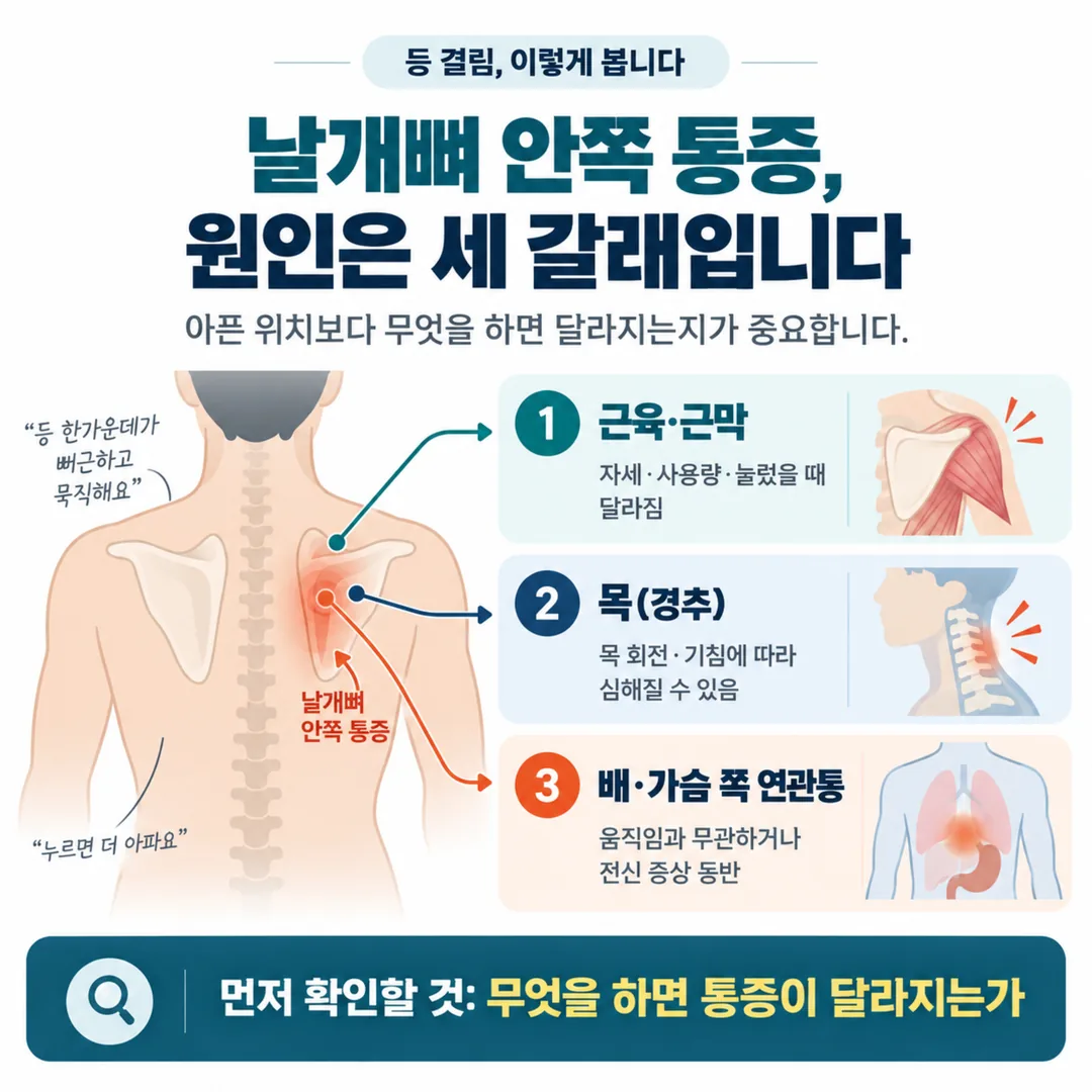 날개뼈 안쪽 통증의 세 가지 원인 갈래를 나눈 개념도