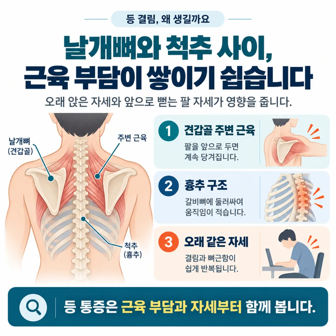 견갑골과 척추 사이 근육의 위치와 흉추 구조를 그린 개념도