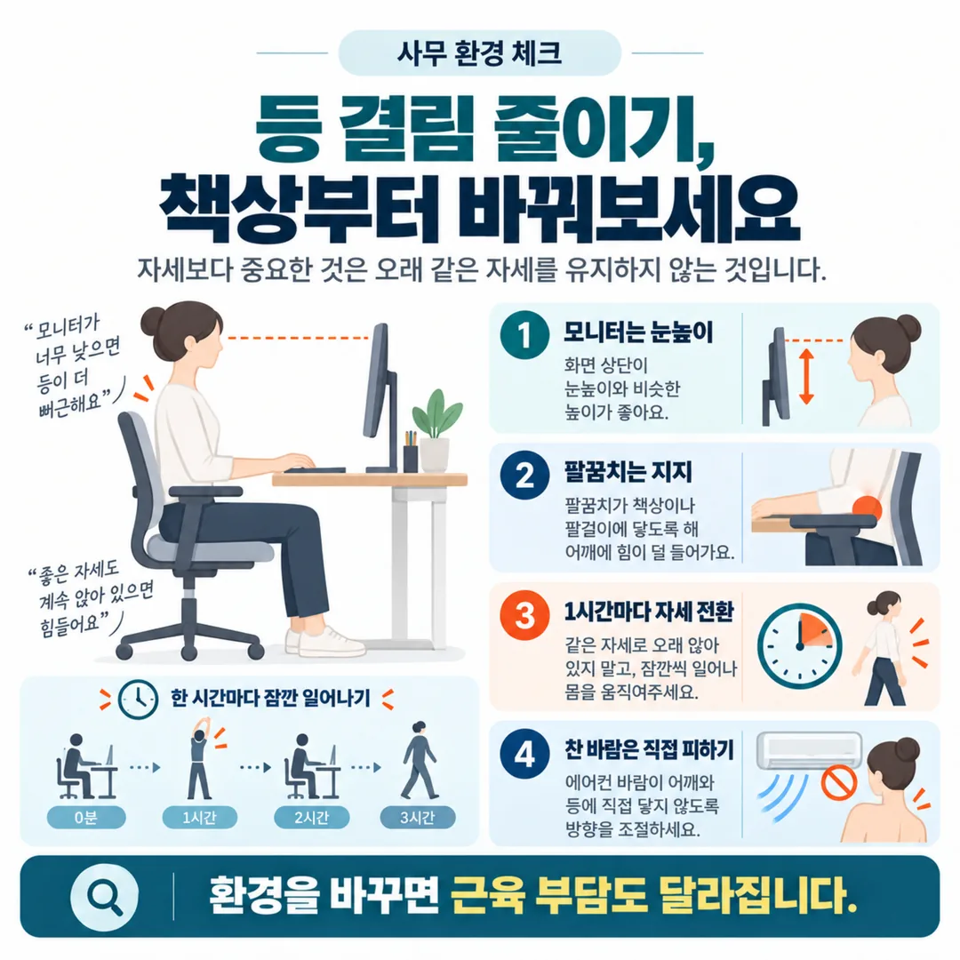 모니터 높이와 자세 전환 주기를 표시한 사무 환경 도식