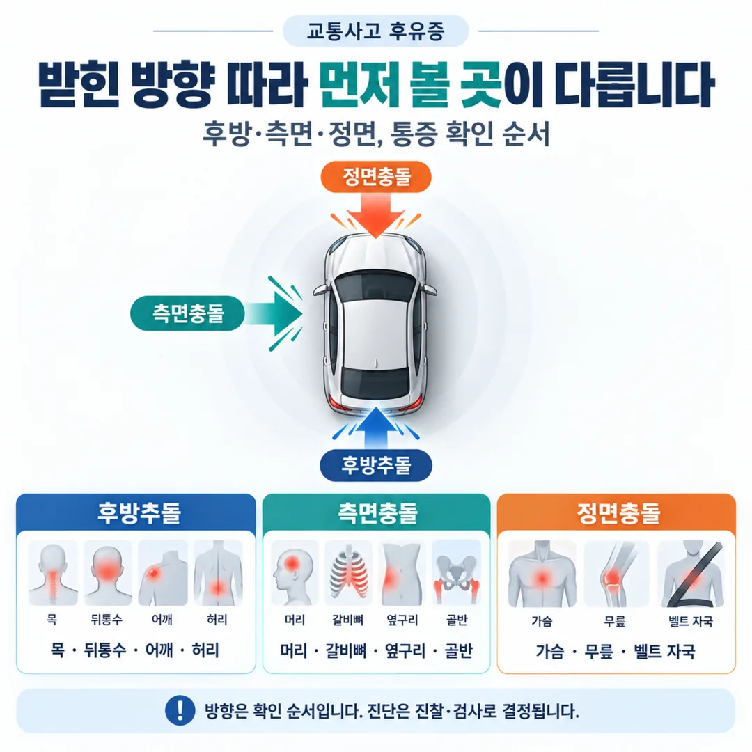 후방·측면·정면 충돌에서 몸에 전해지는 힘의 방향과 먼저 살필 부위를 표시한 개념도