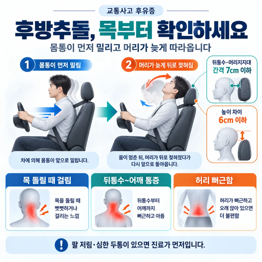 후방추돌에서 머리와 몸통의 움직임 순서와 머리지지대 간격·높이 기준을 표시한 개념도