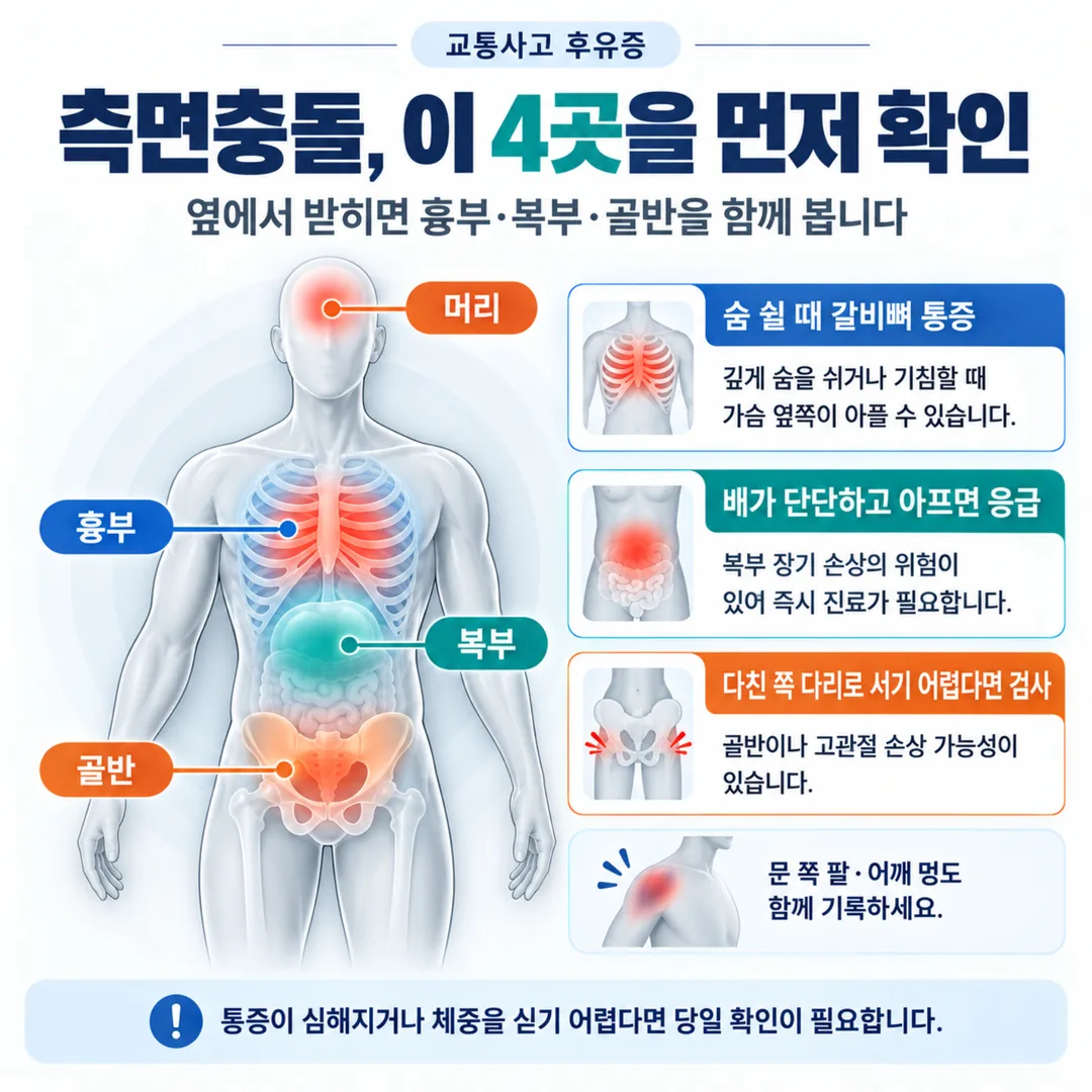 측면충돌 평가가 충격을 재는 머리·흉부·복부·골반 네 부위를 표시한 개념도