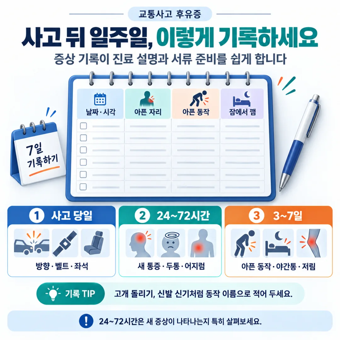 사고 뒤 일주일 동안 증상을 적는 기록표 서식 예시